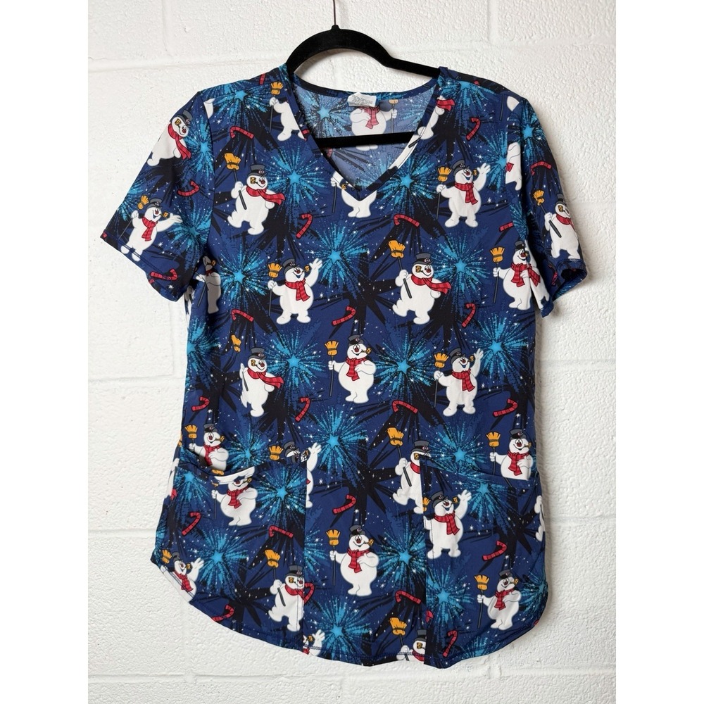 Frosty The Snowman Scrub Top S Blue Holiday Christmas Print